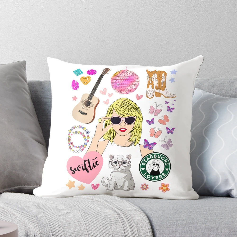 A cozy pillow featuring a collage design inspired by Taylor Swift's The Eras Tour.