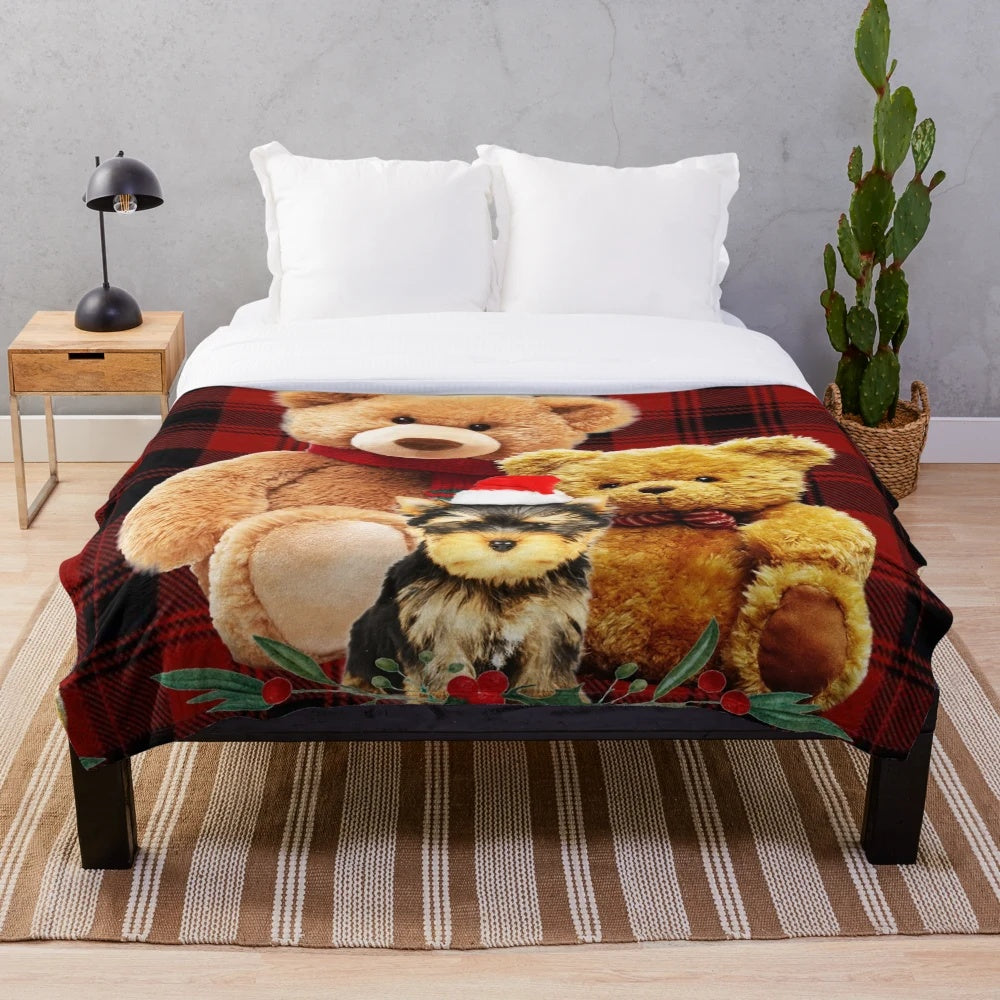 Soft and cuddly personalized teddy bear plush blanket featuring a yorkshire terrier design