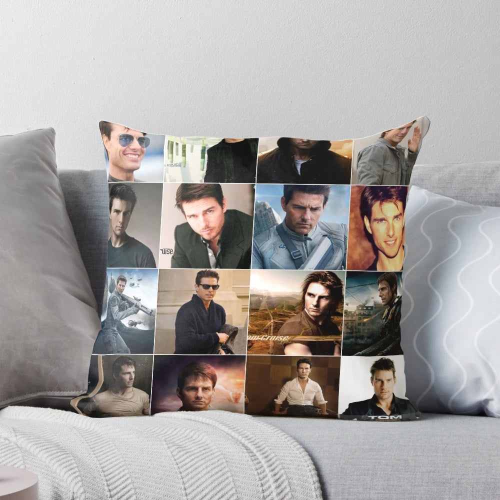 A custom pillow featuring a collage of Tom Cruise photos