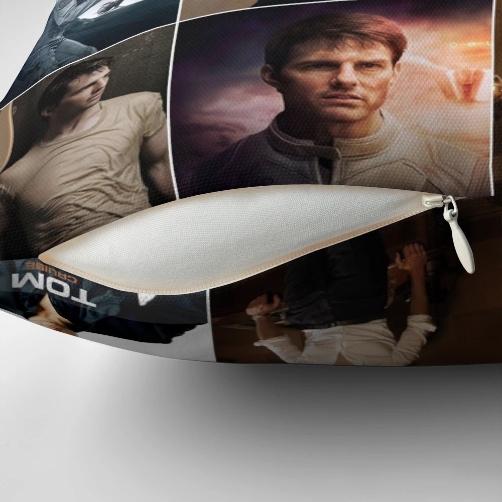 A custom pillow featuring a collage of Tom Cruise photos