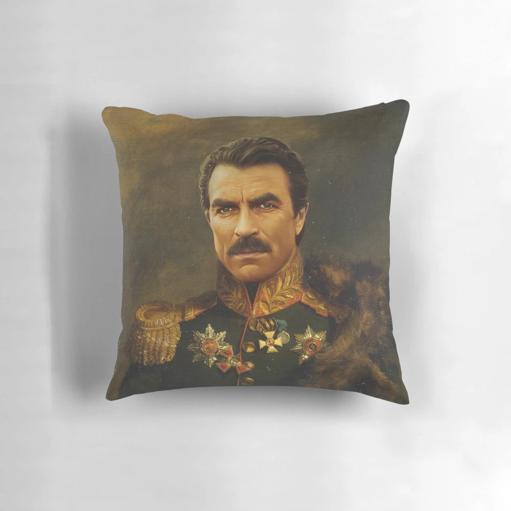 Photoshopped portrait of Tom Selleck on a soft, plush pillow for a custom home decor accent.