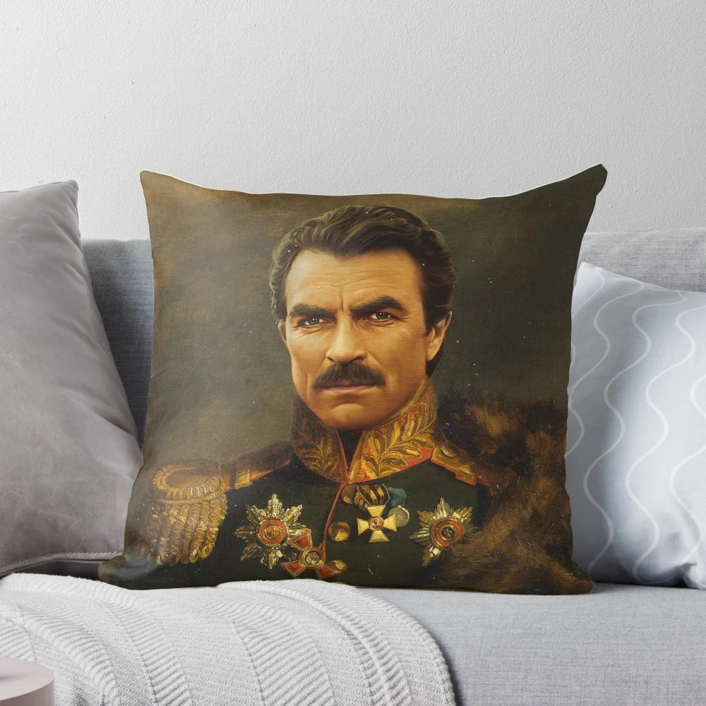 Photoshopped portrait of Tom Selleck on a soft, plush pillow for a custom home decor accent.