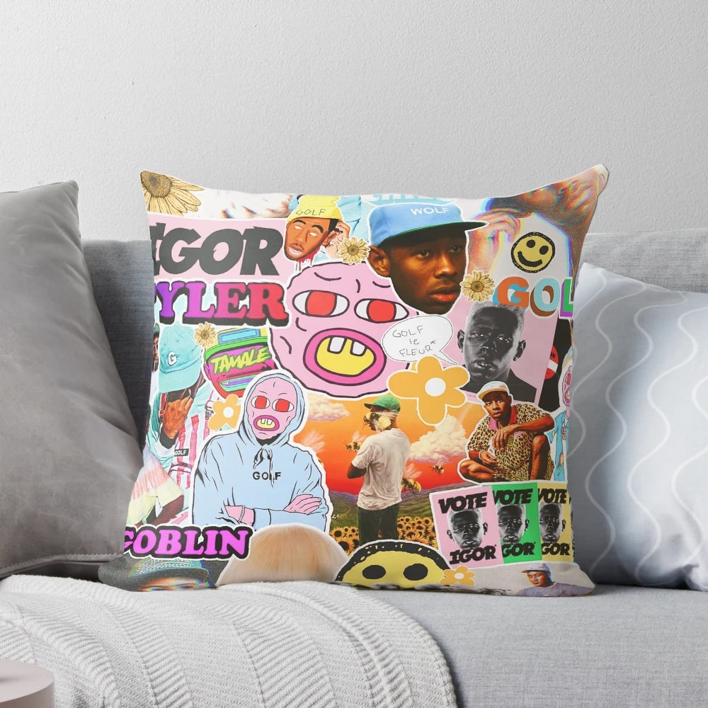A white pillow with the name "TYLER" printed on it.