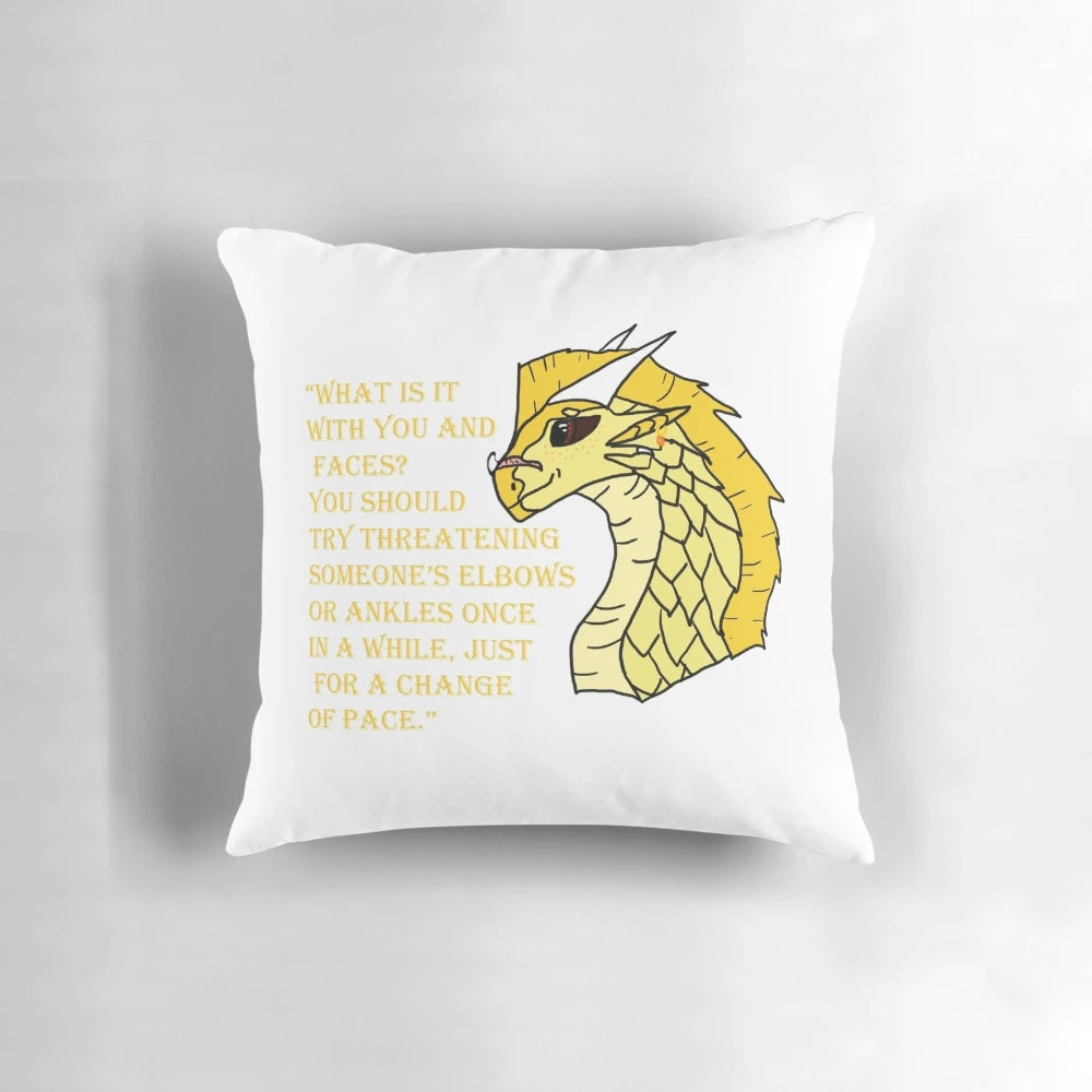 Colorful and stylish Wings of Fire themed pillow featuring a quote from the character Qibli