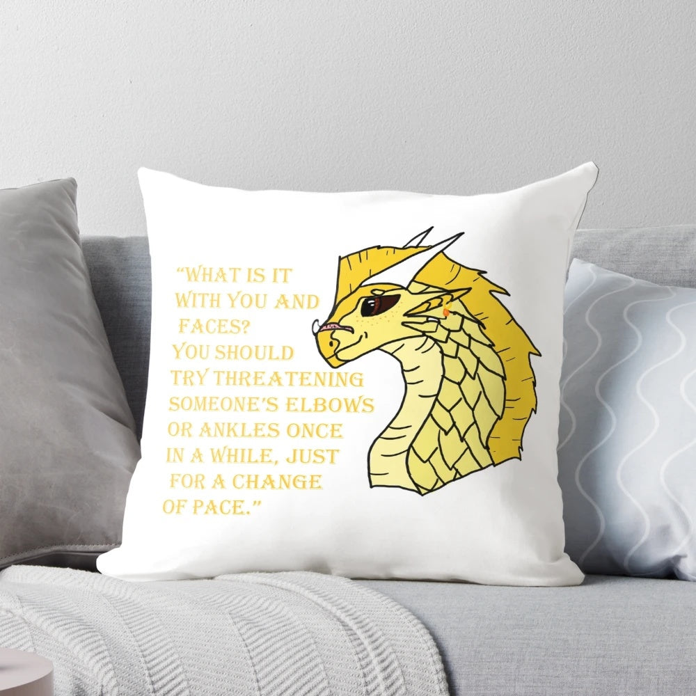 Colorful and stylish Wings of Fire themed pillow featuring a quote from the character Qibli