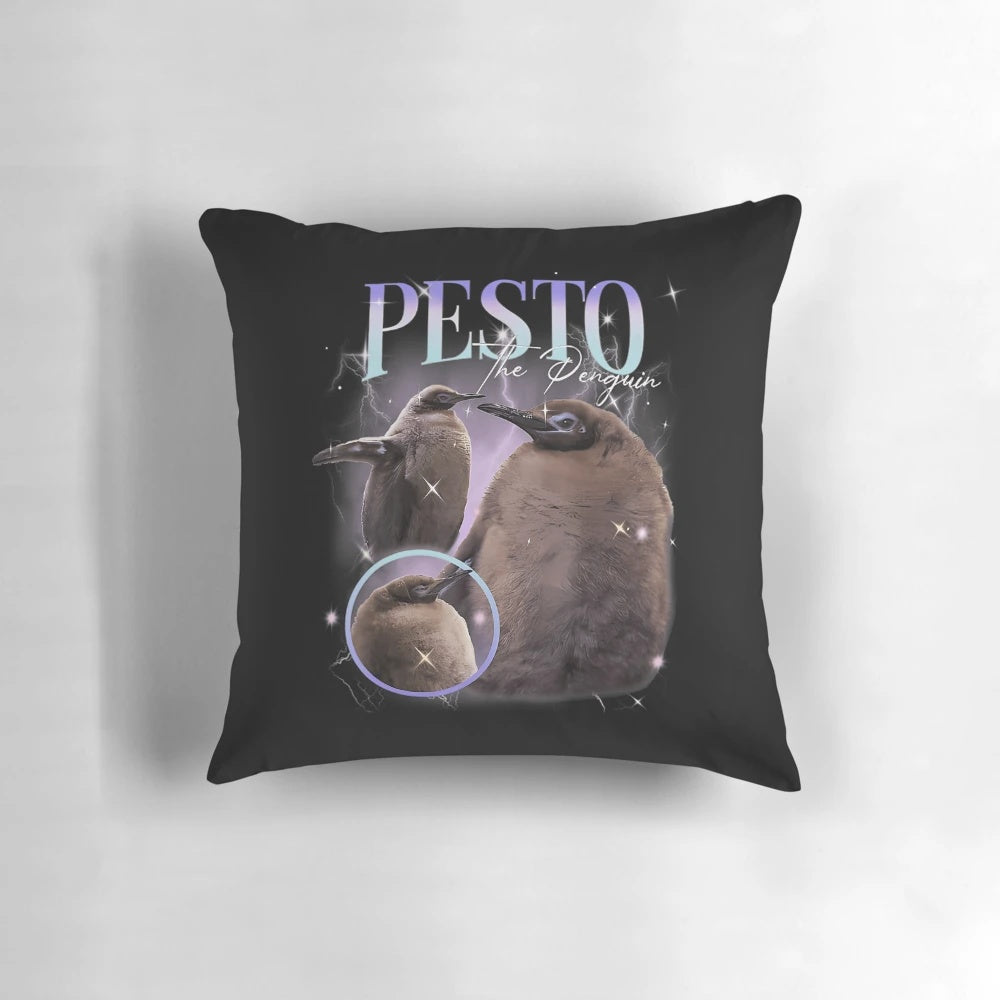 Pesto the Penguin graphic meme printed on a plush, cozy pillow