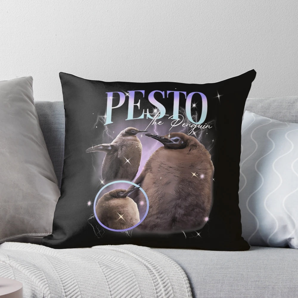 Pesto the Penguin graphic meme printed on a plush, cozy pillow