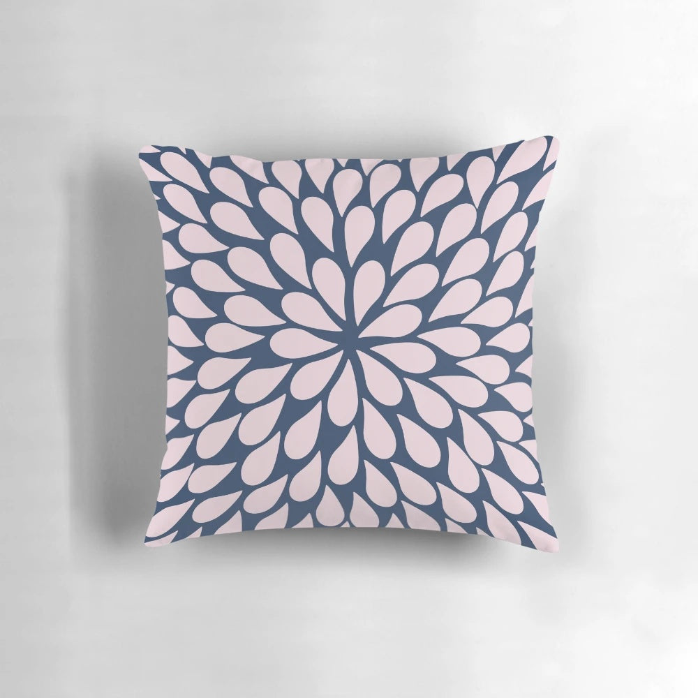 Petal Burst decorative throw pillow in a modern pink and navy color scheme