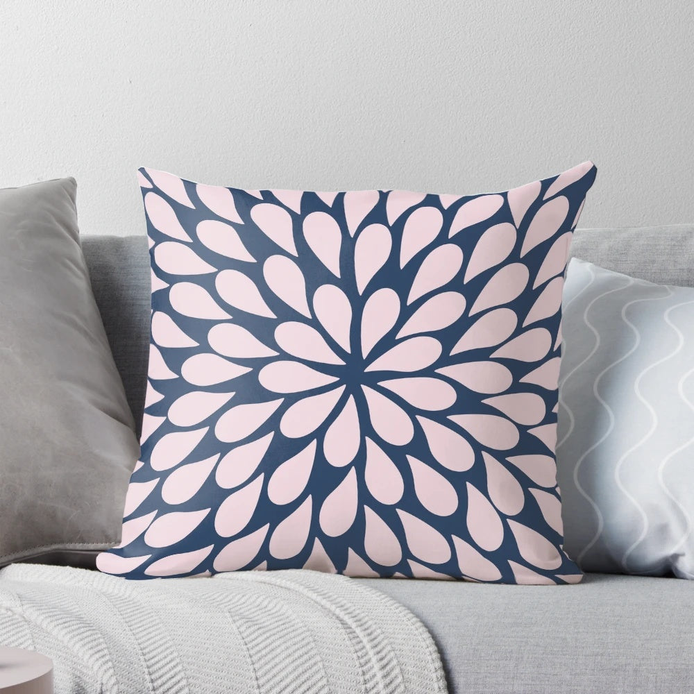 Petal Burst decorative throw pillow in a modern pink and navy color scheme