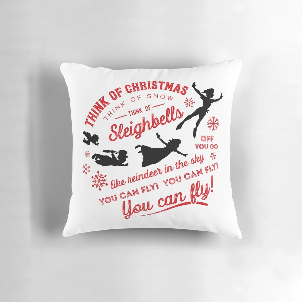 A Peter Pan-inspired Christmas pillow with the text "You Can Fly" designed by Kelly Design Company.