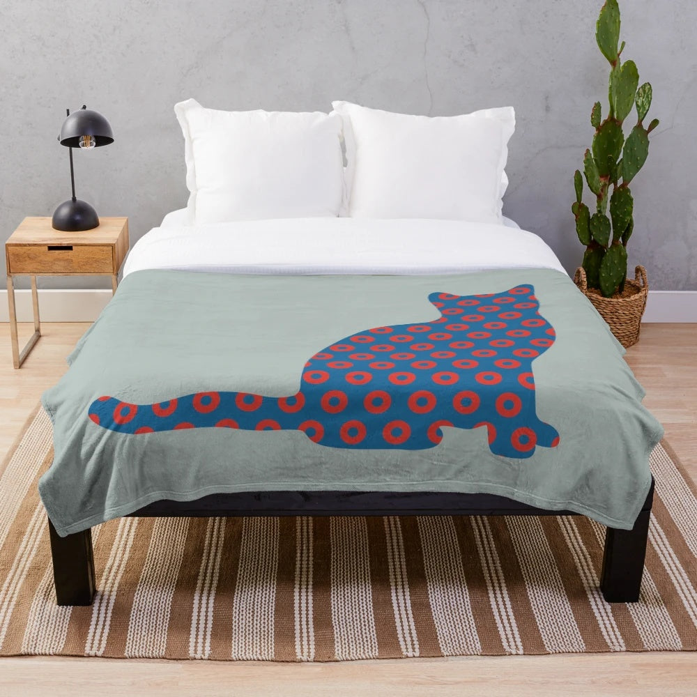 Phish-themed plush blanket featuring cat and donut design