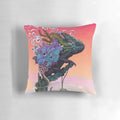 A Phantasmagoria-inspired pillow with a surreal, psychedelic design featuring chameleons, flowers, and a cosmic sunset.