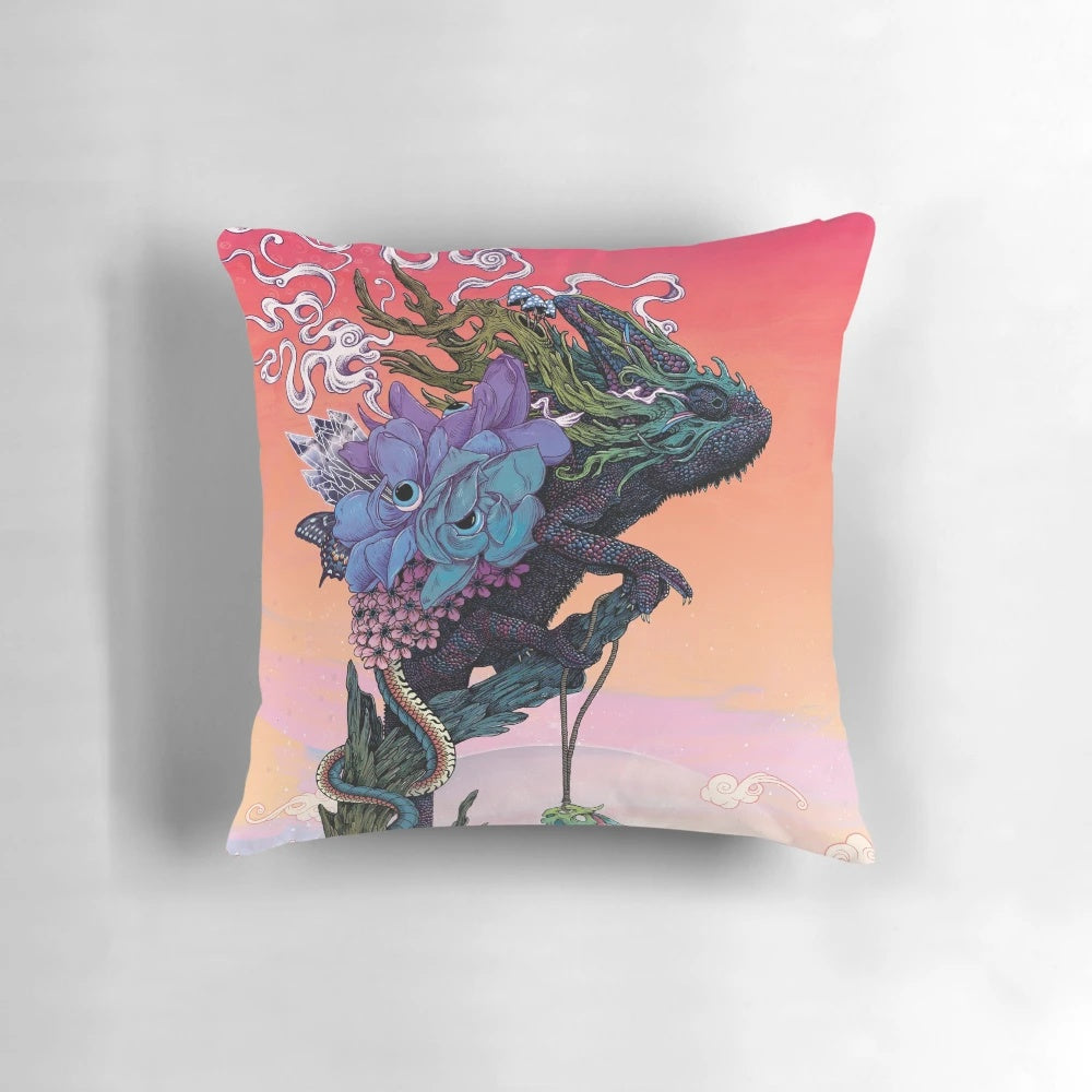 A Phantasmagoria-inspired pillow with a surreal, psychedelic design featuring chameleons, flowers, and a cosmic sunset.