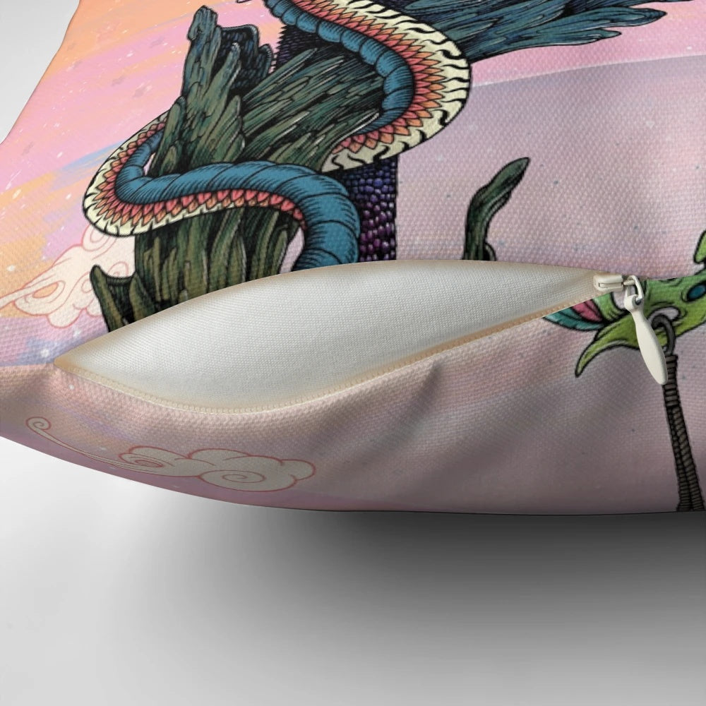 A Phantasmagoria-inspired pillow with a surreal, psychedelic design featuring chameleons, flowers, and a cosmic sunset.