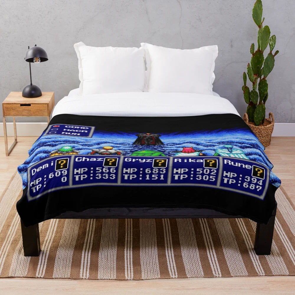 Phantasy Star inspired plush blanket featuring classic gaming pixel art