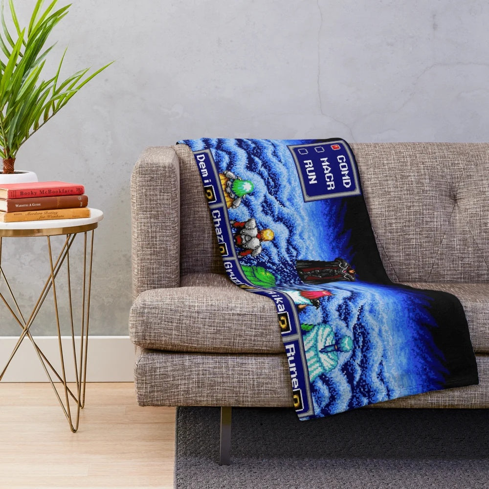 Phantasy Star inspired plush blanket featuring classic gaming pixel art