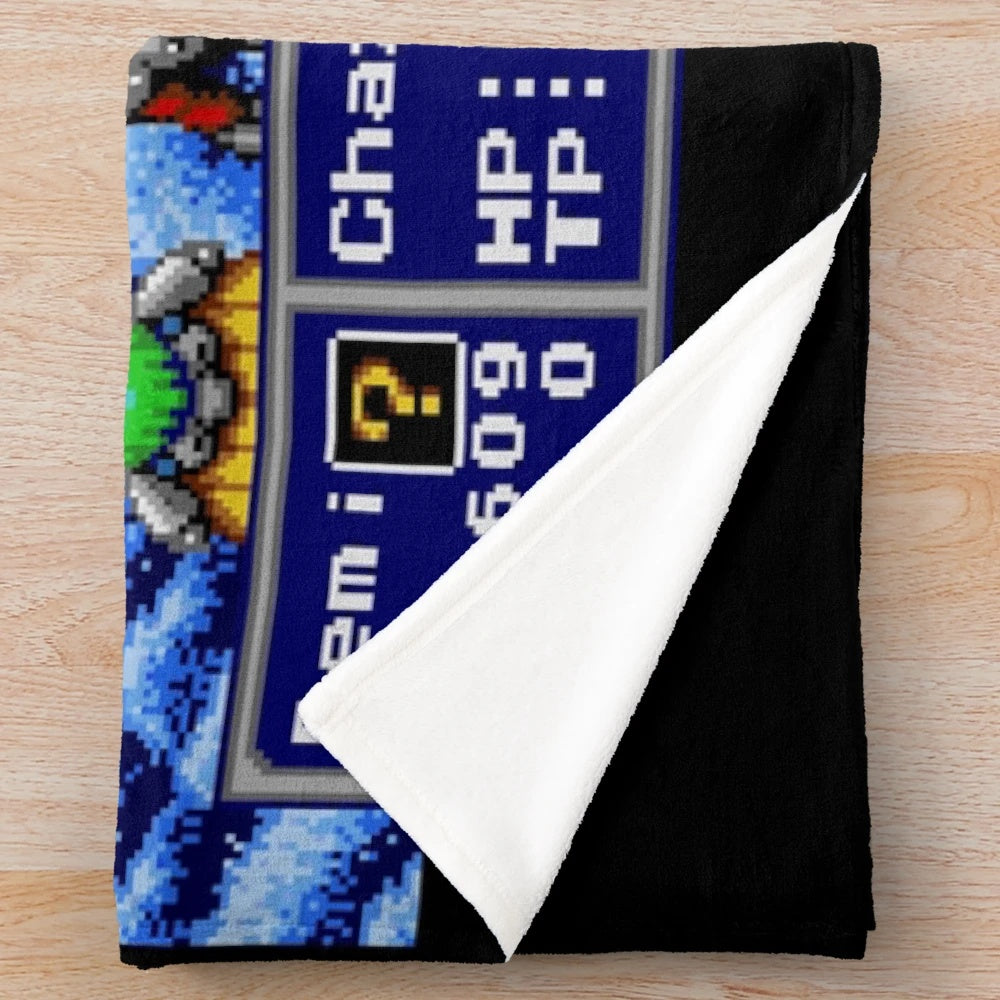 Phantasy Star inspired plush blanket featuring classic gaming pixel art