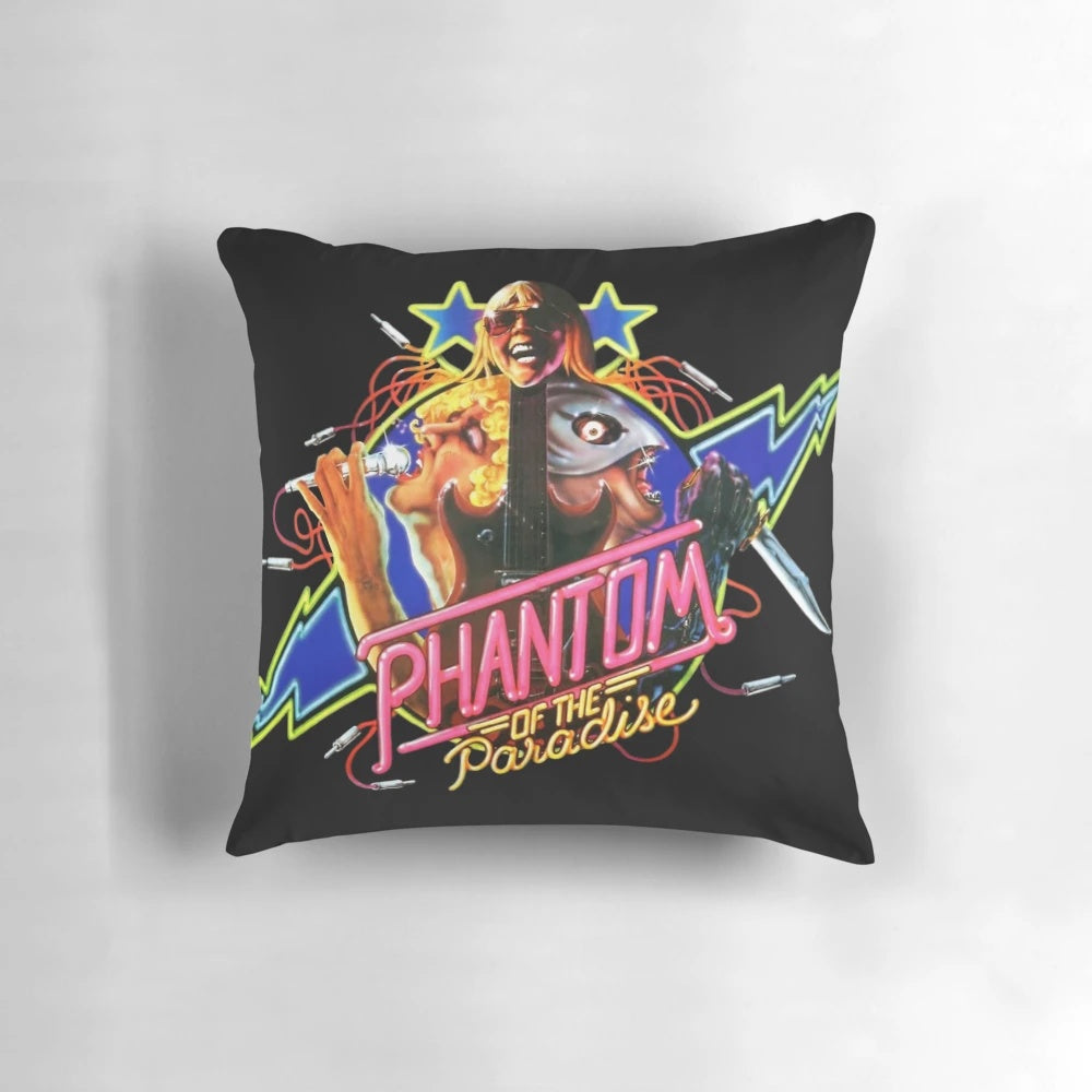 Phantom of the Paradise movie poster featured on a soft, plush pillow for horror and glam rock fans.