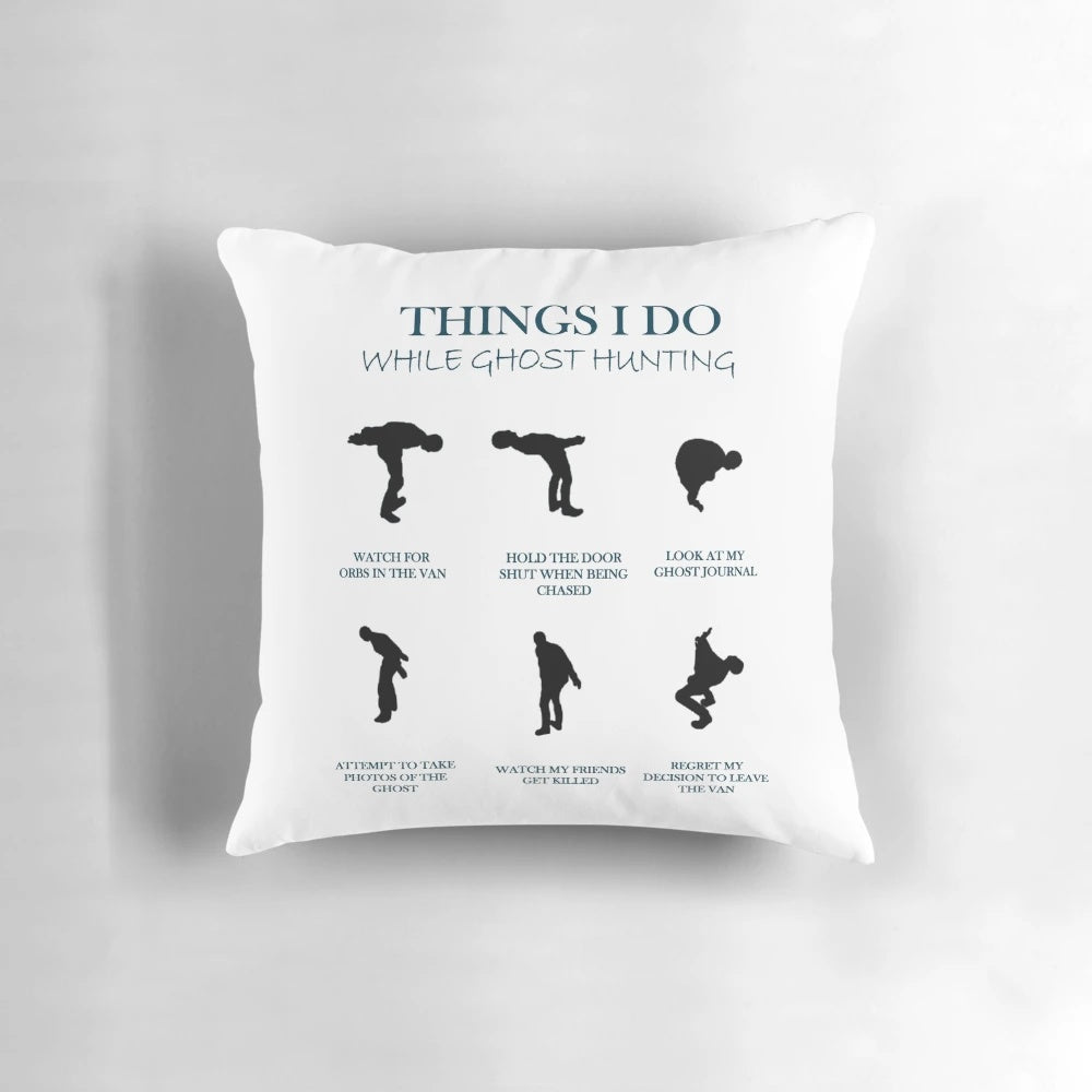 Phasmophobia ghost hunting pillow with illustrations of ghost hunting equipment and paranormal activity