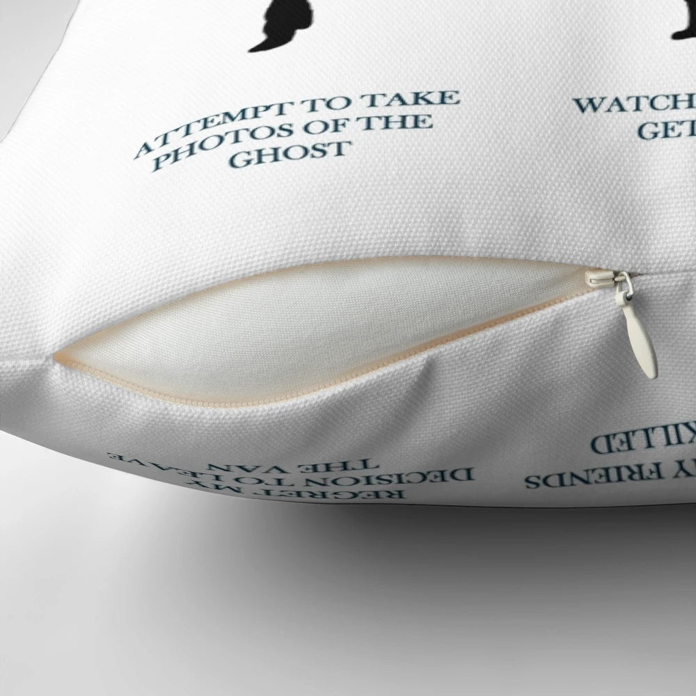 Phasmophobia ghost hunting pillow with illustrations of ghost hunting equipment and paranormal activity
