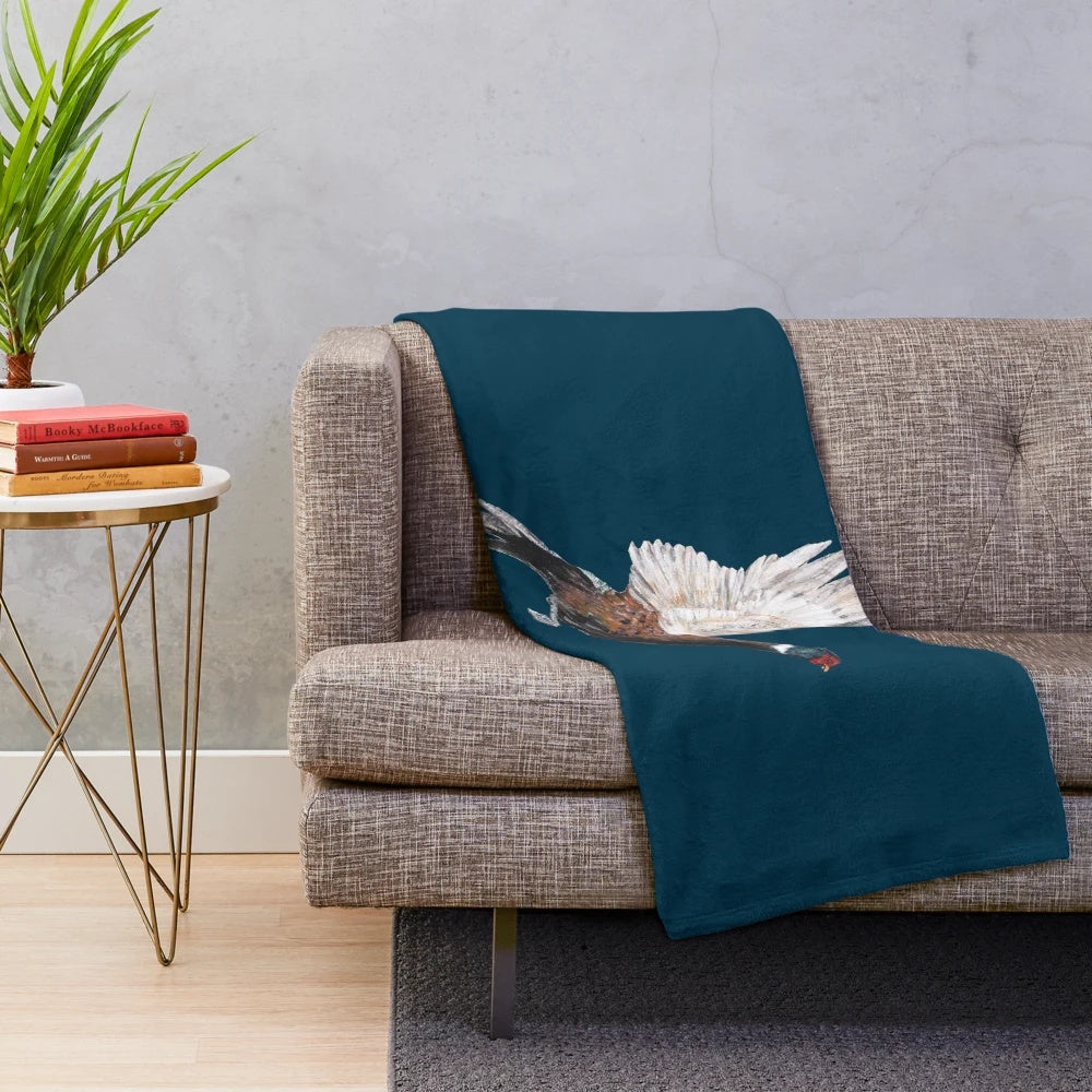 Pheasant watercolor illustration printed on a soft, plush blanket
