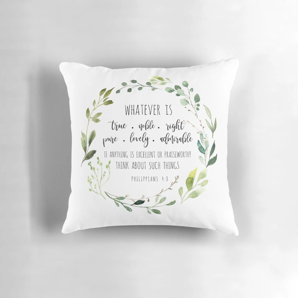 Philippians 4:8 Bible verse printed on a soft, decorative throw pillow