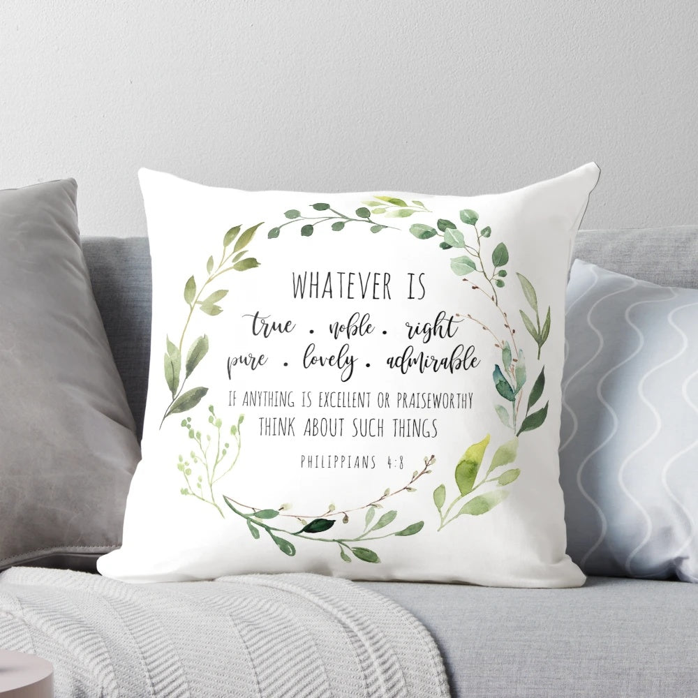 Philippians 4:8 Bible verse printed on a soft, decorative throw pillow