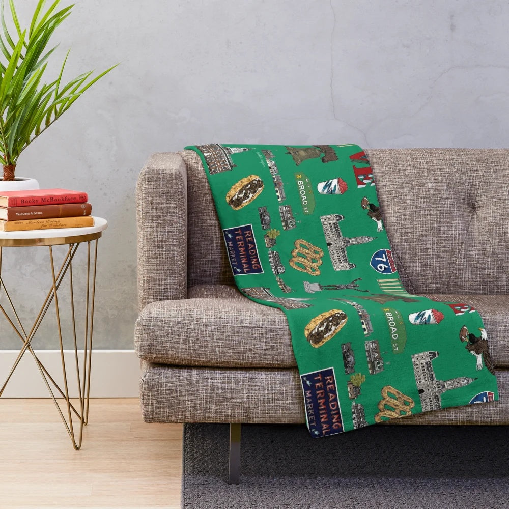 Kelly green plush blanket with Philly pattern design
