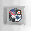 Philly sports-themed pillow in team colors with logo designs