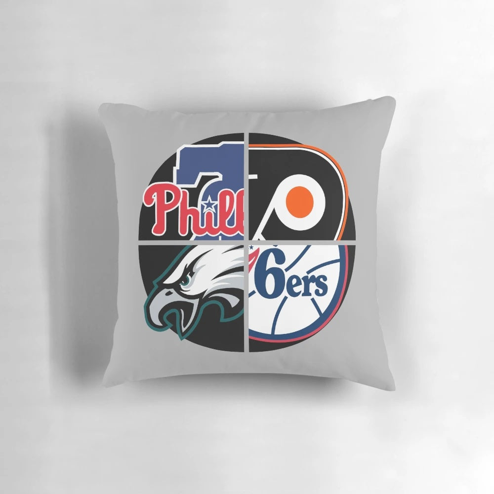 Philly sports-themed pillow in team colors with logo designs