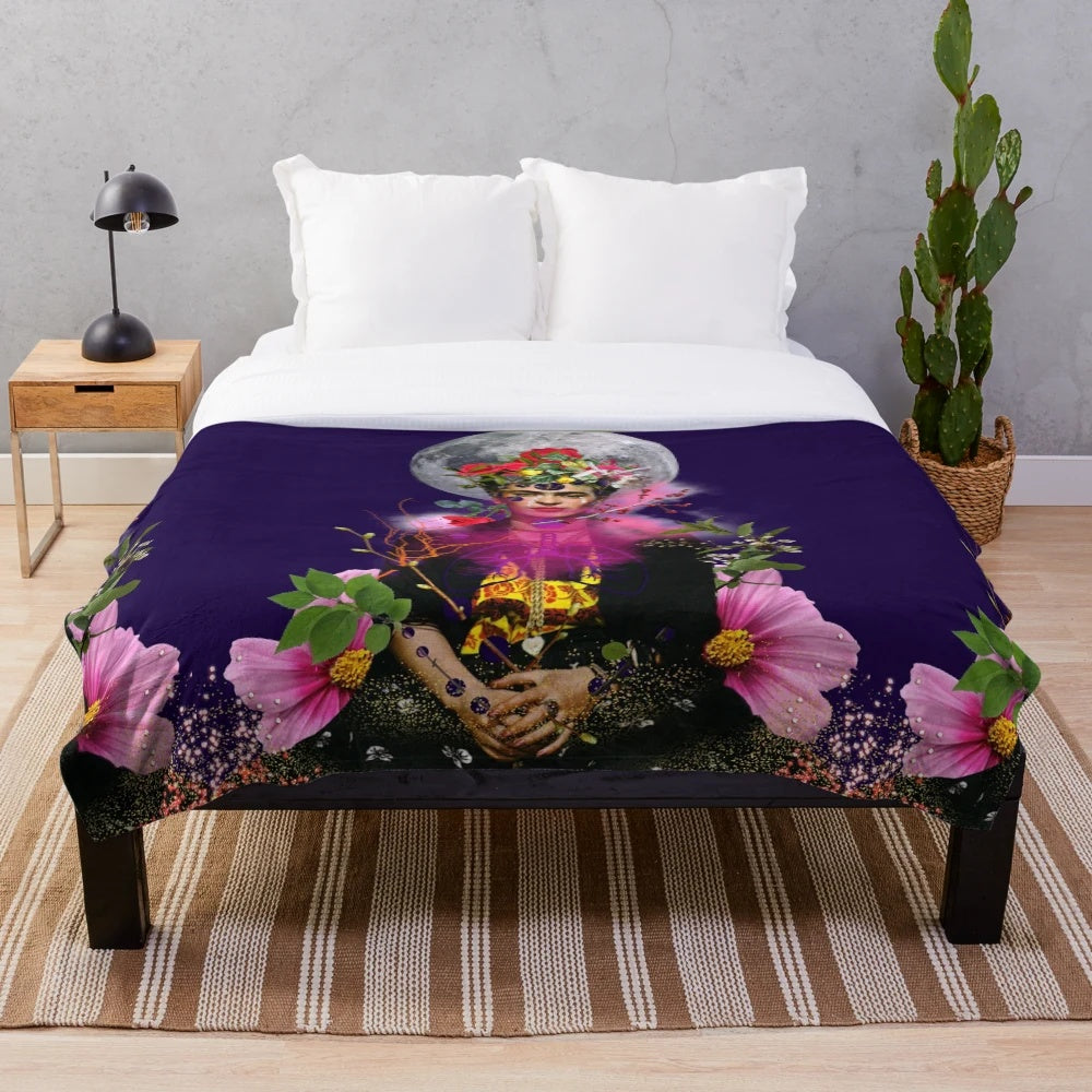 Frida Kahlo inspired plush blanket with surreal floral and moon imagery