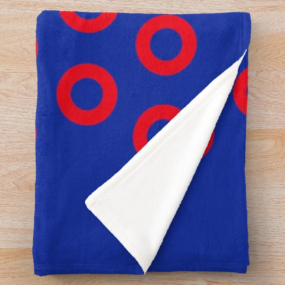 Plush blanket with red circle design inspired by Phish drummer Jon Fishman