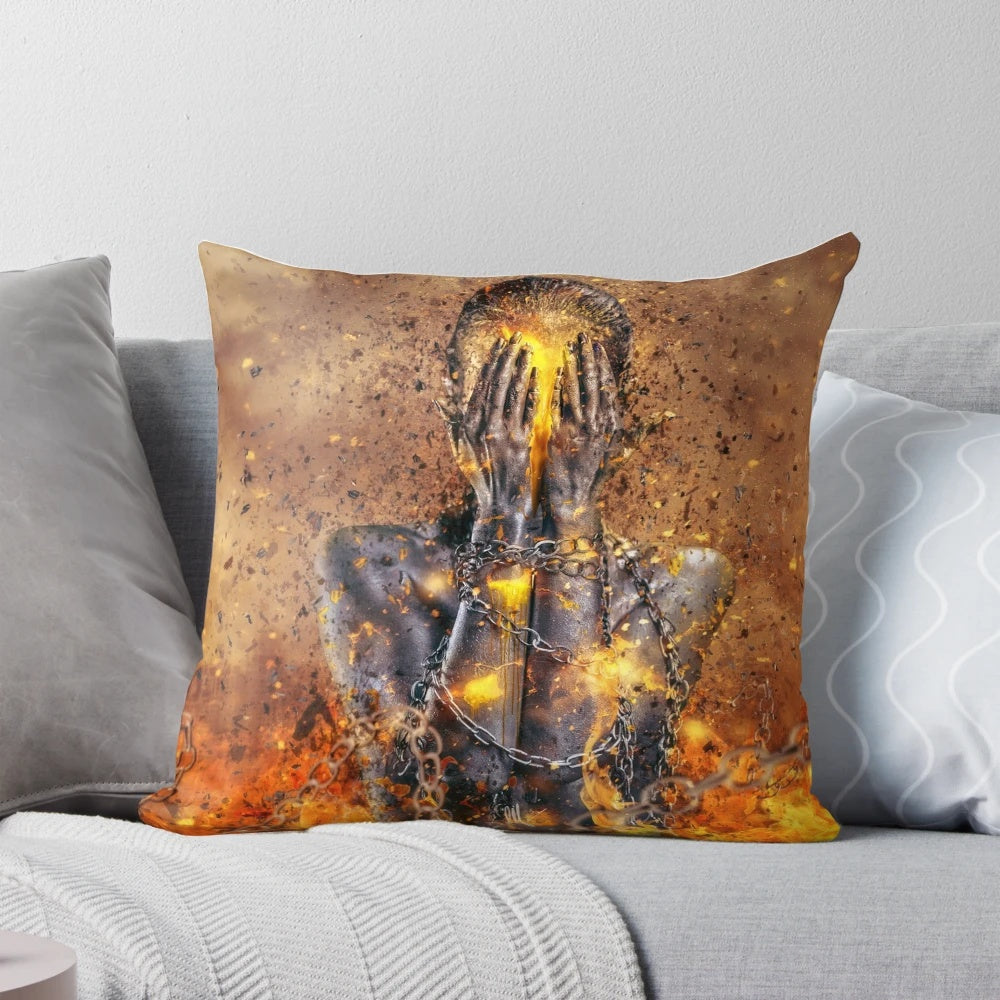 A decorative pillow featuring a phoenix rising from the flames, symbolizing resilience and rebirth.