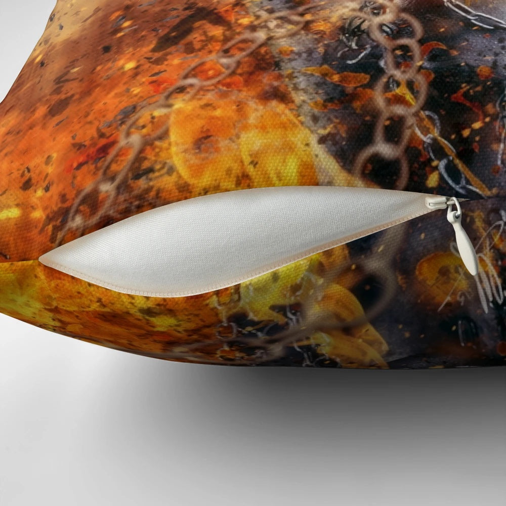 A decorative pillow featuring a phoenix rising from the flames, symbolizing resilience and rebirth.