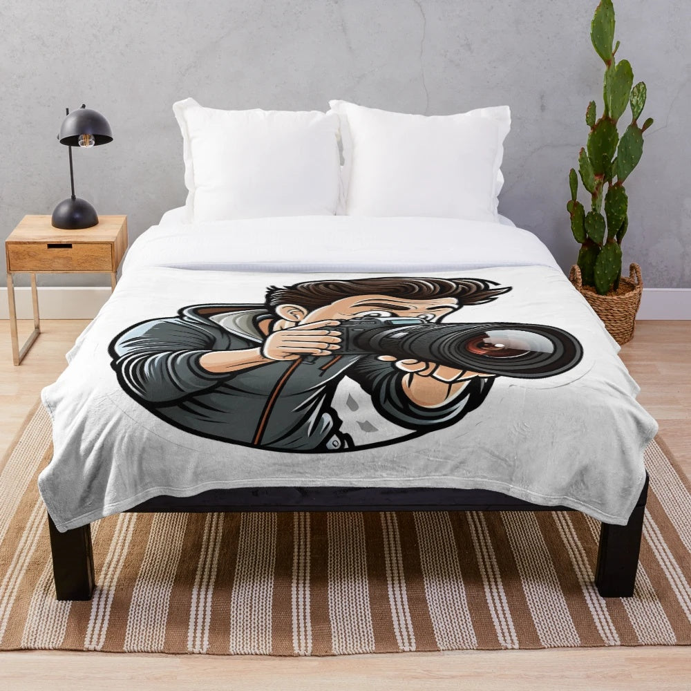 Photographer-themed cartoon plush blanket with camera and photography elements