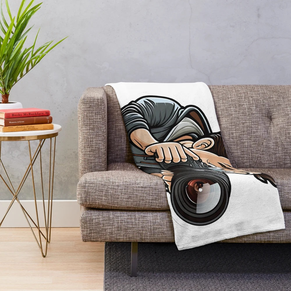 Photographer-themed cartoon plush blanket with camera and photography elements