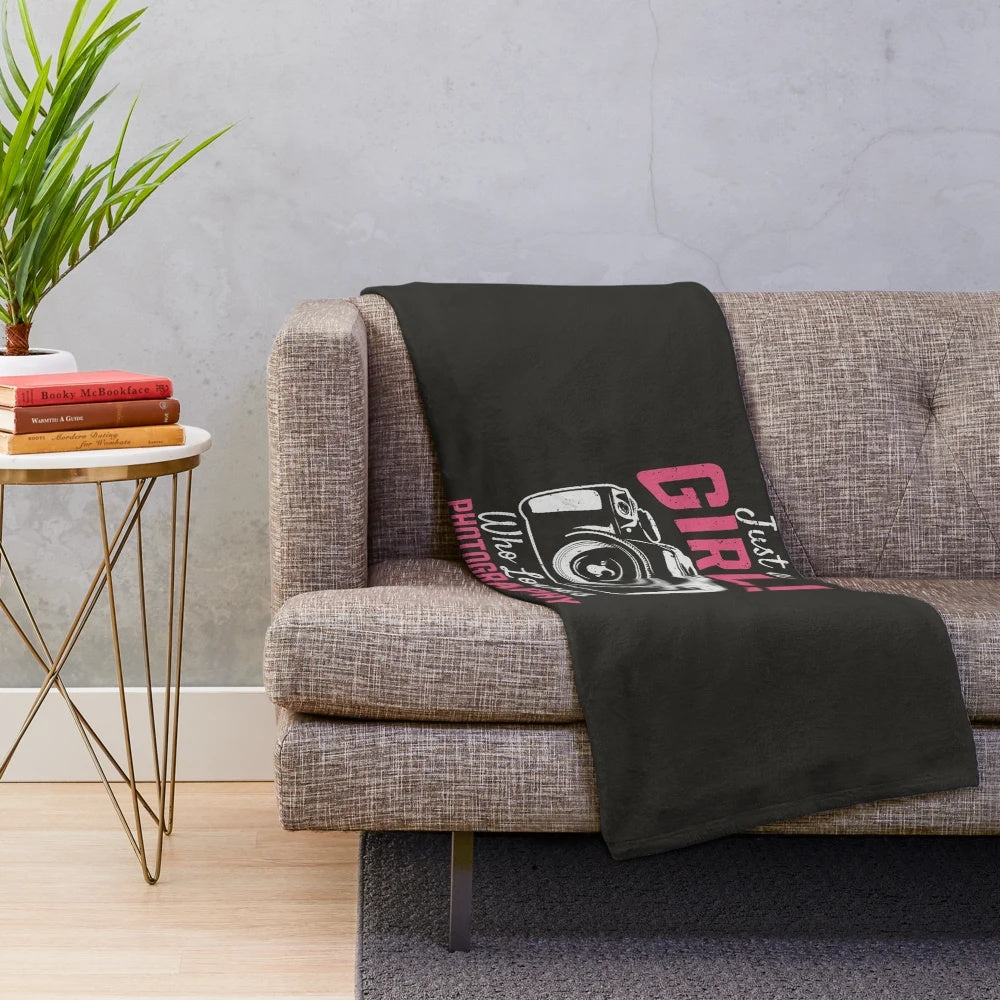 Photography Plush Blanket featuring a camera and the text "Just a Girl Who Loves Photography