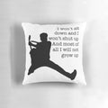A black and white silhouette throw pillow featuring the lyrics "Photosynthesis" by Frank Turner.
