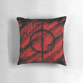 Throw pillow featuring a Phyrexian-inspired pattern and dark, occult-themed writings for magic and fantasy fans.