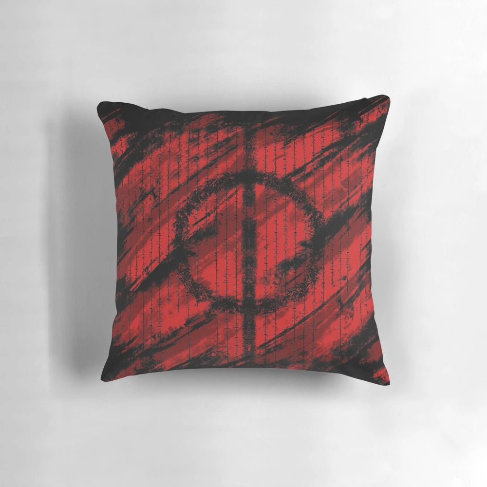 Throw pillow featuring a Phyrexian-inspired pattern and dark, occult-themed writings for magic and fantasy fans.