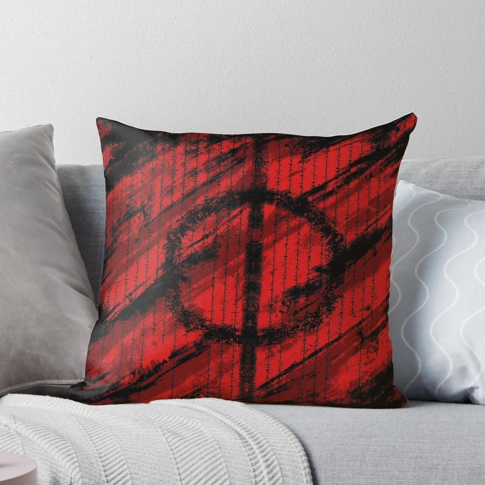 Throw pillow featuring a Phyrexian-inspired pattern and dark, occult-themed writings for magic and fantasy fans.