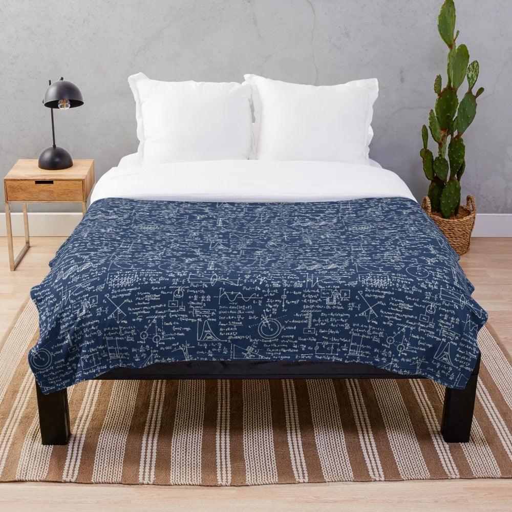 Navy plush blanket with physics equations and formulas