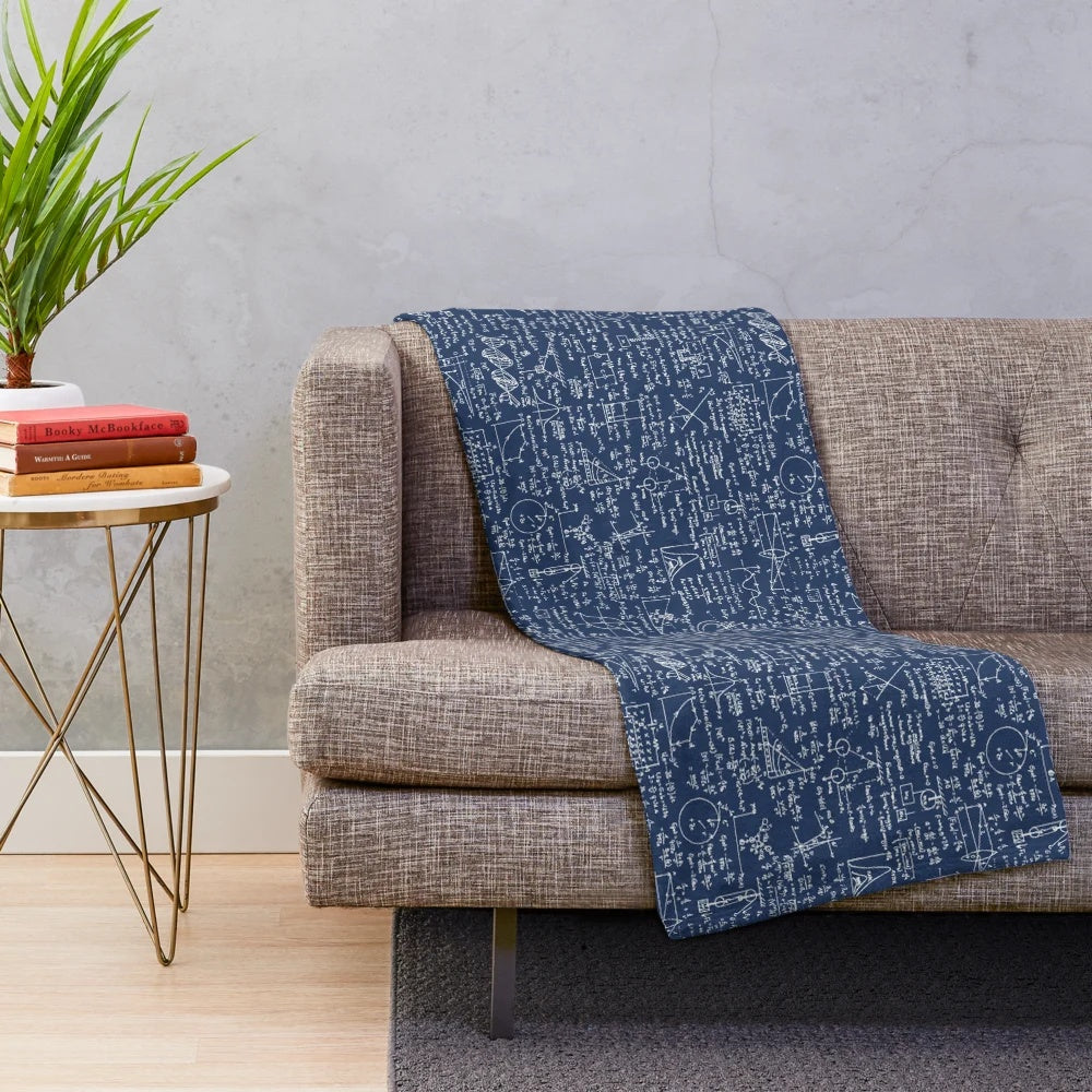 Navy plush blanket with physics equations and formulas