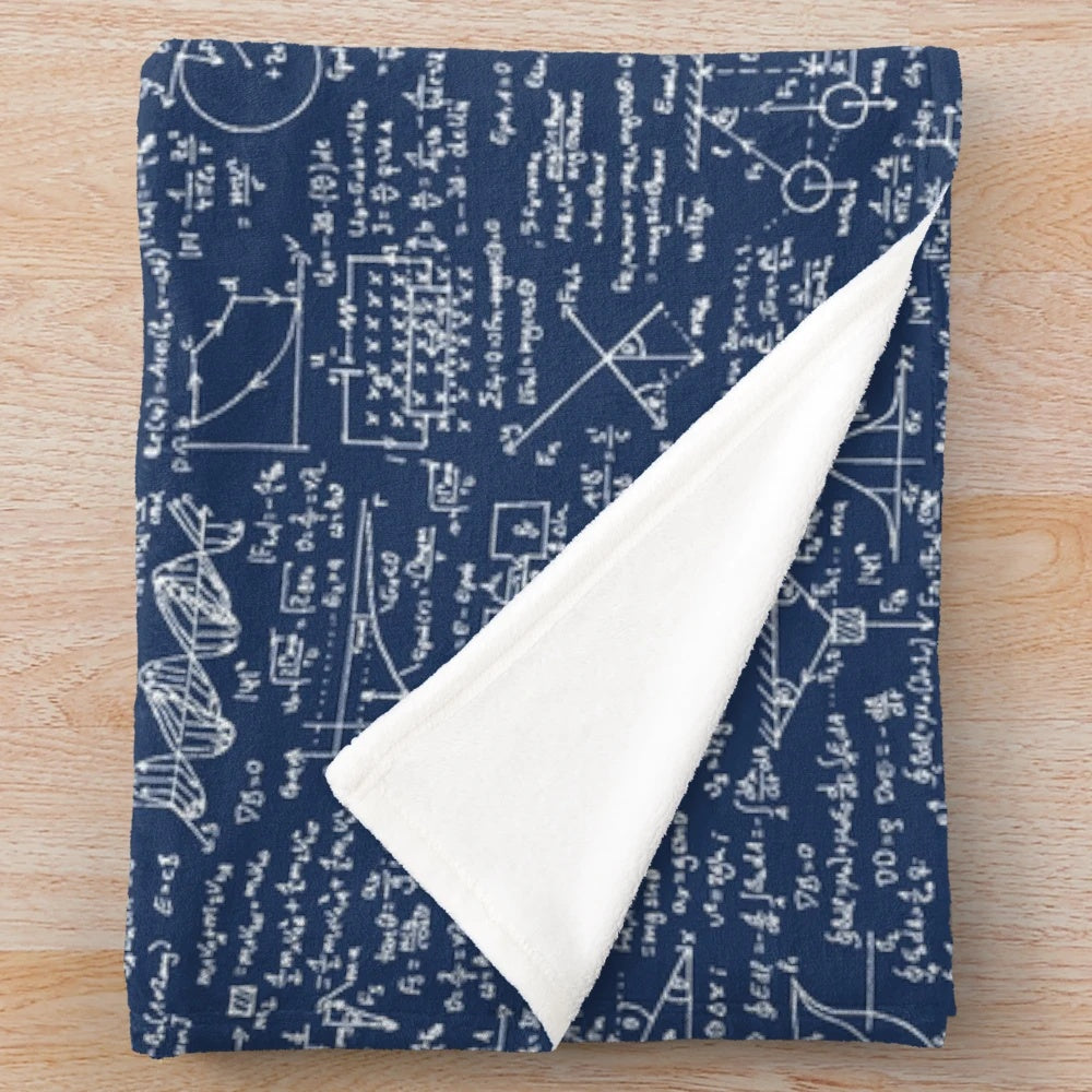 Navy plush blanket with physics equations and formulas