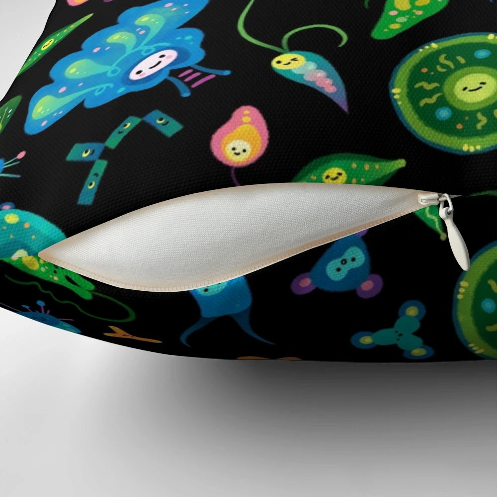 Decorative pillow featuring a pattern of phytoplankton and other microscopic ocean organisms
