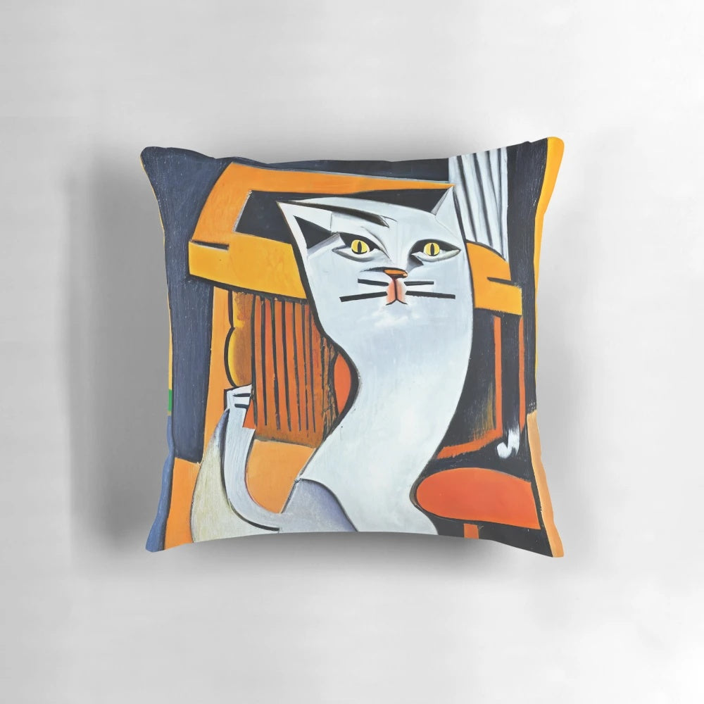 A Picasso-inspired decorative throw pillow featuring a cubist white cat design