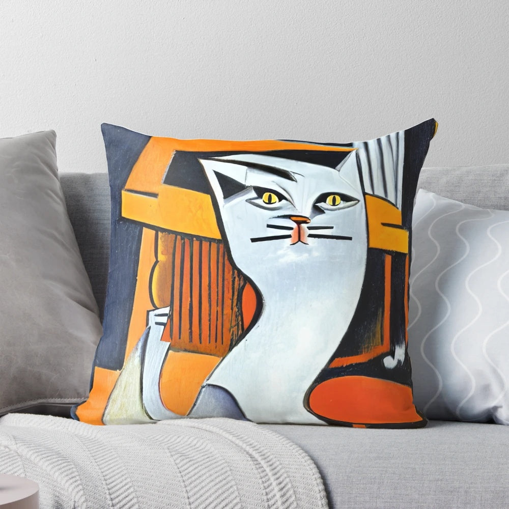 A Picasso-inspired decorative throw pillow featuring a cubist white cat design