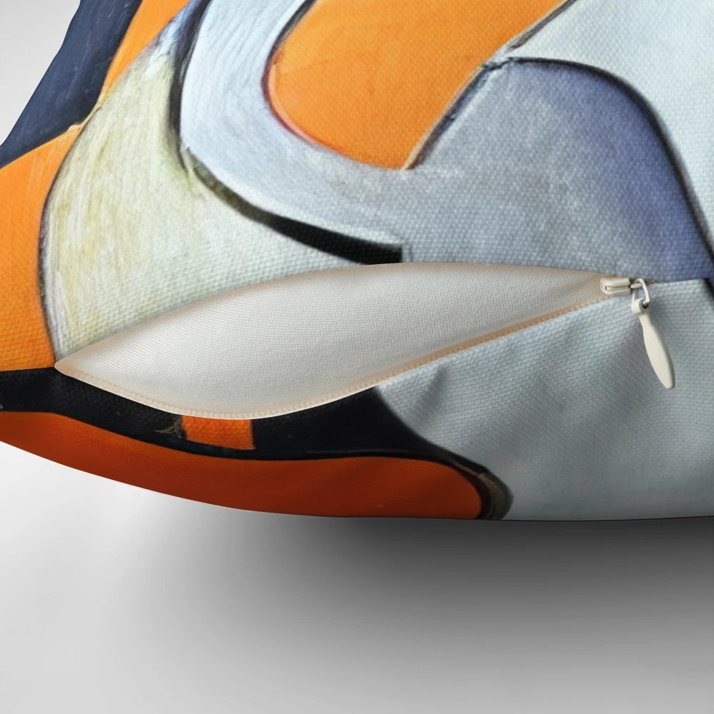 A Picasso-inspired decorative throw pillow featuring a cubist white cat design