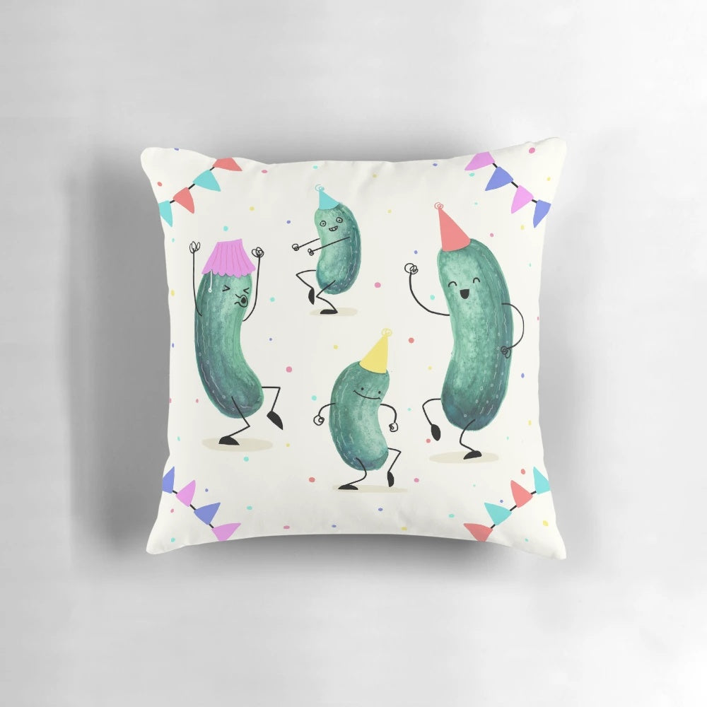 Pickle-themed decorative pillow with confetti and bright green color