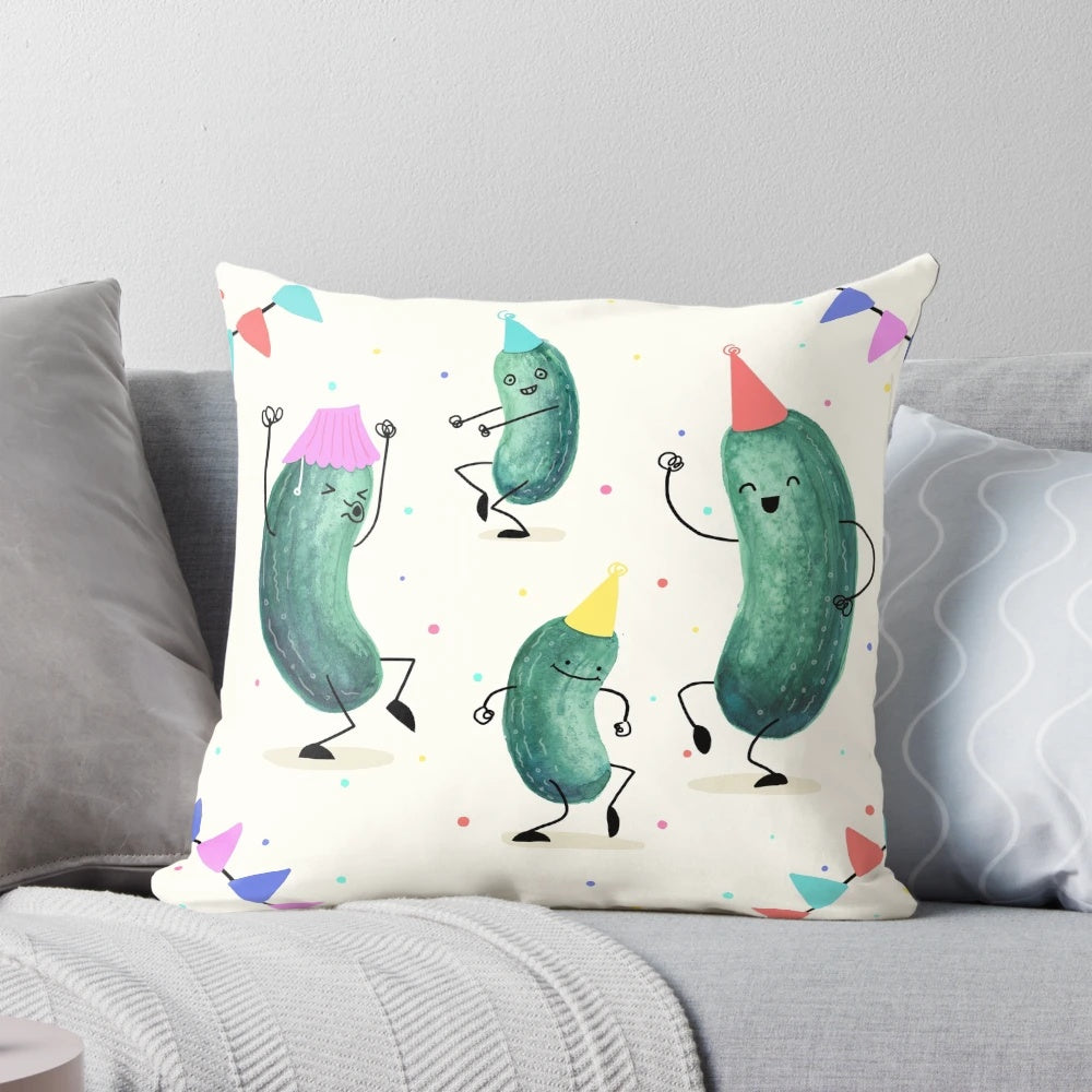 Pickle-themed decorative pillow with confetti and bright green color